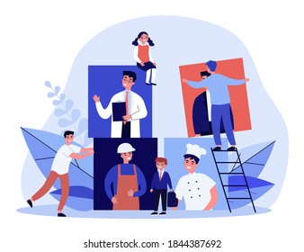 Happy pupils choosing career. Doctor, engineer, cook flat vector illustration. Occupation and future profession concept for banner, website design or landing web page