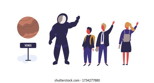 Happy pupils and cosmonaut at planetarium vector flat illustration. Man character in spacesuit greeting group of children waving hand isolated on white background. Kids at astronomical exhibition