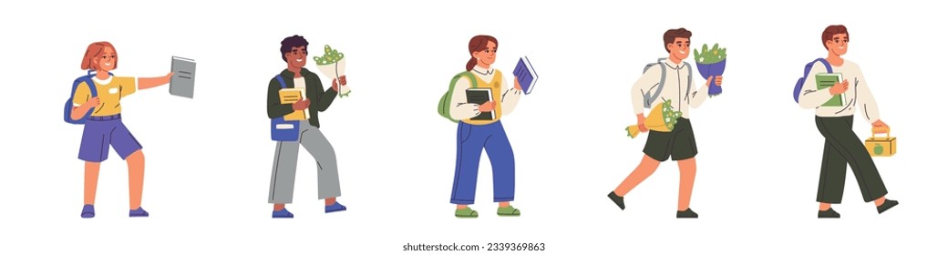 Happy Pupils Going to School. Children with bags, heading for an autumn day of learning. Boys and girls carrying books in their backpacks. Flat illustrations isolated on white background.