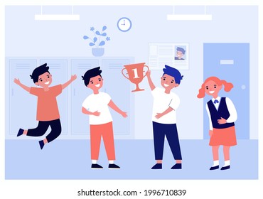 Happy pupils holding golden cup for first place in competition. Boys and girl rejoicing over victory flat vector illustration. Celebration, winner, achievement, trophy concept