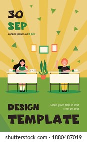 Happy pupils studying in classroom isolated flat vector illustration. Cartoon children characters sitting at tables in school lesson. Study, exam and interior clipart concept