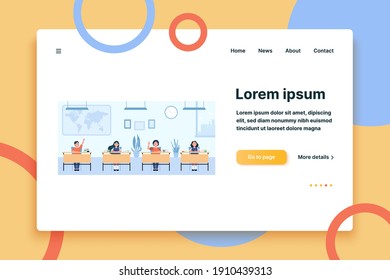Happy pupils studying in classroom isolated flat vector illustration. Cartoon children characters sitting at tables in school lesson. Study, exam and interior clipart concept