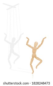 Happy puppet, but covertly dependent on a marionette control bar in the shadow - symbolic for to be led from behind, for manipulation, domination, authority, force, dependence. Vector on white.
