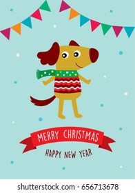 happy puppy dog merry christmas and happy new year greeting vector