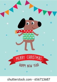 happy puppy dog merry christmas and happy new year greeting vector