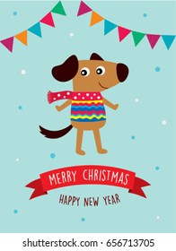 happy puppy dog merry christmas and happy new year greeting vector