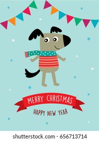 happy puppy dog merry christmas and happy new year greeting vector