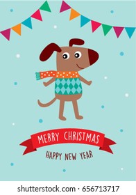 happy puppy dog merry christmas and happy new year greeting vector