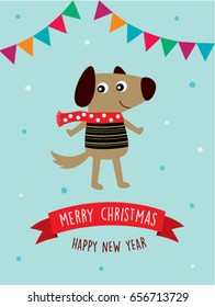 happy puppy dog merry christmas and happy new year greeting vector