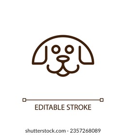 Happy puppy linear icon. Pet store. Dog walking service. Veterinary hospital. Training class. Animal care. Thin line illustration. Contour symbol. Vector outline drawing. Editable stroke