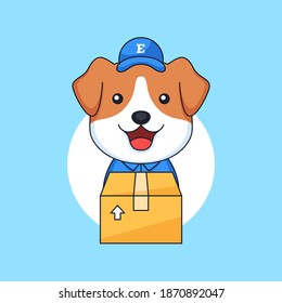 happy puppy little dog working as delivery courier carrying package box for costumer vector illustration animal mascot character vector illustration cartoon design