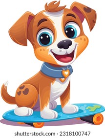 Happy Puppy Playing Colorful Skateboard isolated on white background