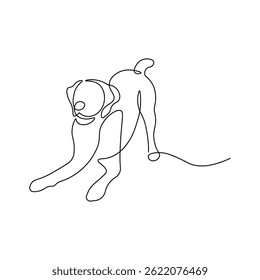 Happy puppy playing in continuous one line drawing style. Minimalist black linear dog sketch, line vector isolated on white background