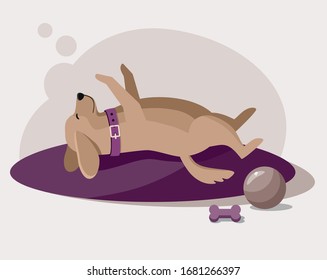 Happy puppy sleeping on a pillow. Vector Illustration