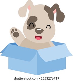 Happy puppy waving inside cardboard box