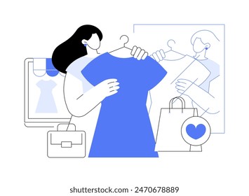 Zufrieden mit dem Kauf isolierter Cartoon-Vektorillustrationen. Lächelndes Mädchen versucht auf Kleid, Online-Einkauf, Menschen Lebensstil, Kauf neuer Kleidung und Accessoires Vektorgrafik Cartoon.