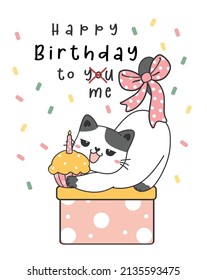 happy purfect birthday greeting card, cute funny playful kitty cat on present box with bow, Happy birthday to me, animal pet cartoon drawing vector