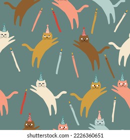 Happy purfect birthday seamless pattern, cute four adorable happy kitty cats with party hats.