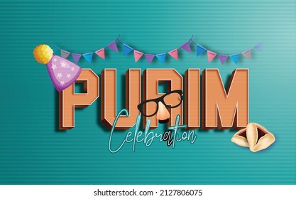 Happy Purim with 3d text design, Carnival masks Purim banner template design