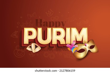 Happy Purim with 3d text design, Carnival masks Purim banner template design