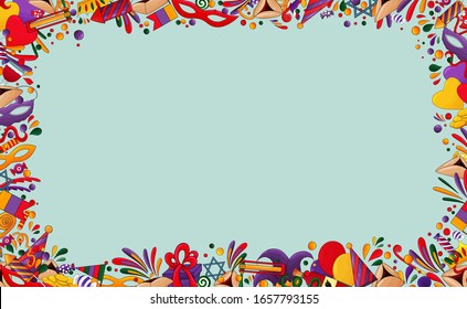 Happy Purim  background. Purim frame with traditional design Jewish Holiday elements, icons. Hamantaschen cookies, carnival mask, star of David,ratchet, oznei Haman, confetti.