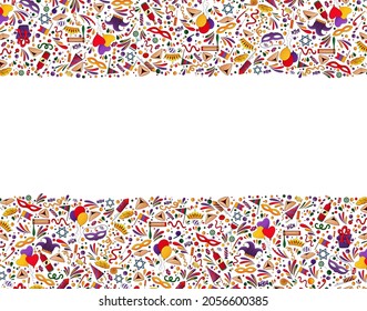 Happy Purim background. Purim frame with traditional design Jewish Holiday. Purim border. Hamantaschen cookies, carnival mask, star of David,ratchet, oznei Haman, confetti. Purim carnival backdrop.