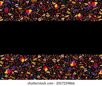 Happy Purim background. Purim frame with traditional design Jewish Holiday. Purim border. Hamantaschen cookies, carnival mask, star of David,ratchet, oznei Haman, confetti. Purim carnival backdrop.