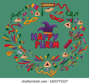 Fröhlicher violetter Hintergrund. Jüdischer Feiertag Purim traditionelle Design Elemente, Symbole. Hamantaschen Kekse, Karnevalmaske, Stern von David, ratchet, oznei Haman, Geschenke, Wein, Konfetti.Lettering, Text Purim.