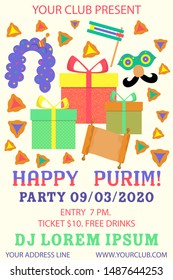 Happy purim banner. Colorful vector illustration. Festival concept design. Purim on colorful background. Party event decoration. Greeting card, poster, banner, element. Party invitation.