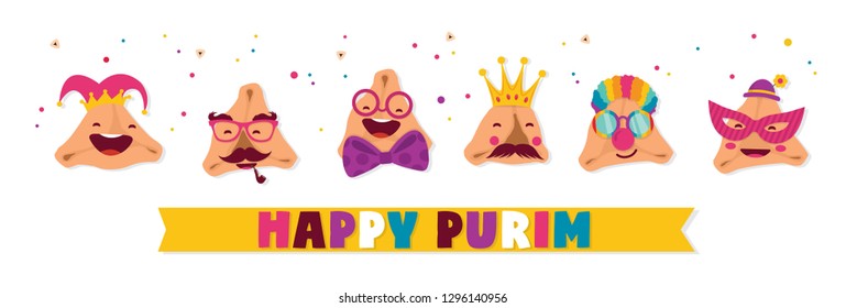 Happy Purim banner with funny hamantashen - invitation - greeting - vector illustration