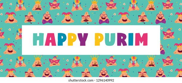 Happy Purim banner with funny hamantashen - invitation - greeting - vector illustration