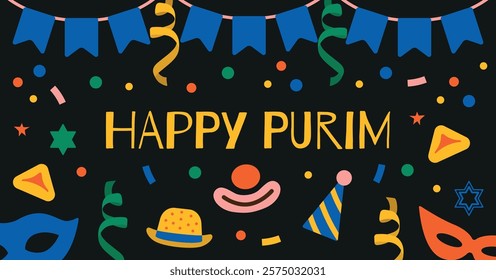 Happy Purim banner or greeting card. Flags, confetti, gomentash, carnival mask on a black background. Modern vector illustration