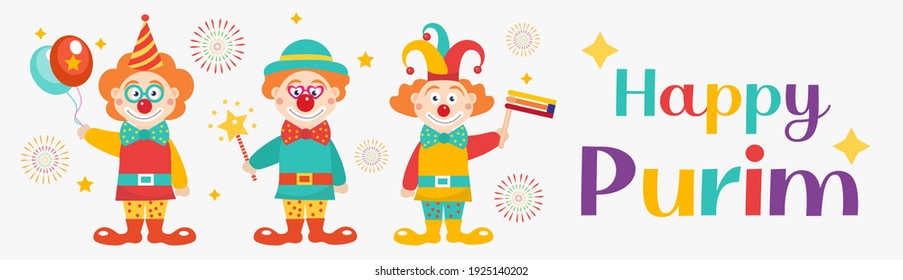 Happy purim banner template with clowns. Purim Carnival in Israel, Jewish holiday. Vector illustration