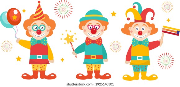 Happy purim banner template with clowns. Purim Carnival in Israel, Jewish holiday. Vector illustration