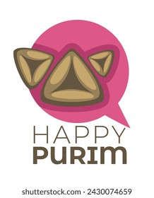 Happy purim banner with traditional dish gomentashi or hamantaschen, triangular cookies with poppy seeds or other fillings. Jewish religion holidays and celebration emblem. Vector in flat style