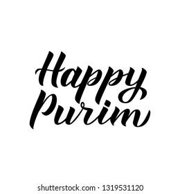 Happy Purim calligraphy hand lettering isolated on white. Traditional Jewish carnival celebration poster. Easy to edit vector template for party invitation, greeting card, banner, flyer, etc.