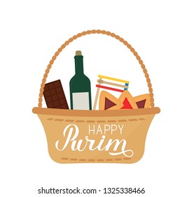 Happy Purim calligraphy lettering mishloach manot basket with traditional hamantaschen cookies isolated on white. Traditional Jewish carnival greeting card. flyer or poster. Vector illustration.