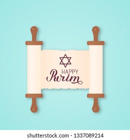 Happy Purim calligraphy lettering and star of David written on ancient scroll paper. Traditional Jewish carnival celebration poster. Vector template for party invitation, greeting card, banner, flyer.