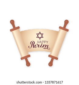 Happy Purim calligraphy lettering, Star of David on ancient scroll paper (megillat esther). Jewish carnival celebration poster. Vector template for party invitation, greeting card, banner, flyer.