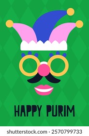 Happy Purim card design, funny jester in clown hat. Masquerade, carnival holiday party poster with face mask, glasses and mustache. Festive comic joker in festival cap. Flat vector illustration