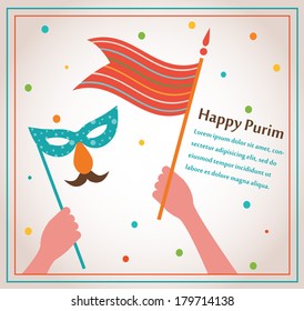 happy Purim card with people hands holding flag and mask