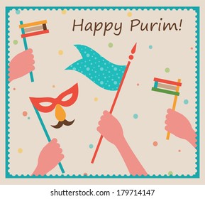 happy Purim card with people hands holding flag and mask
