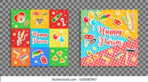 Happy Purim Carnival Cards, Invitation, Flyer. Collection Of Templates For Your Design. Festival Purim Jewish Holiday Background. Vector Illustration