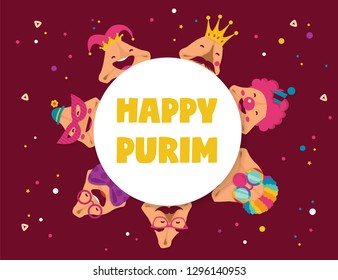 Happy Purim carnival with funny hamantashen - invitation - greeting - vector illustration