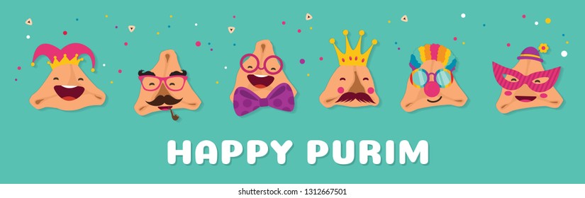 Happy Purim carnival with funny hamantashen - invitation - greeting - vector