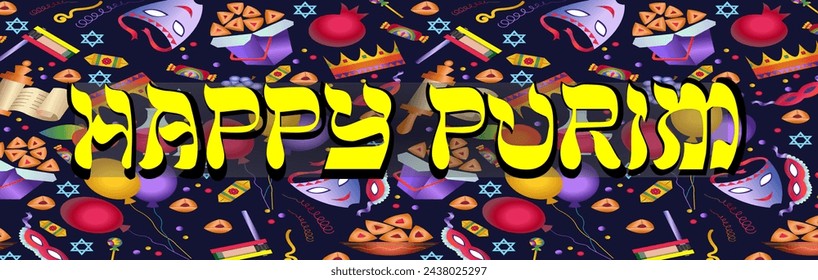  Happy Purim. Carnival holiday banner with inscription and pattern of traditional Jewish objects. Festival decoration. 