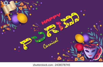  Happy Purim. Carnival holiday banner with lettering, balloons, confetti, sweets, carnival masks, Torah scroll, Star of David, Hamantaschen cookies . Festival decoration, Greeting card, banner .