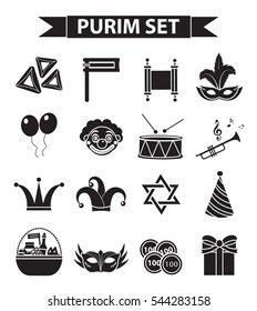 Happy Purim Karneval Icons Set, schwarze Silhouette Stil. Purim Jüdische Ferienkollektionsschilder, Symbole einzeln auf weißem Hintergrund. Vektorgrafik-Clipart