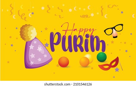 Happy Purim With Carnival Masks and Typography Design