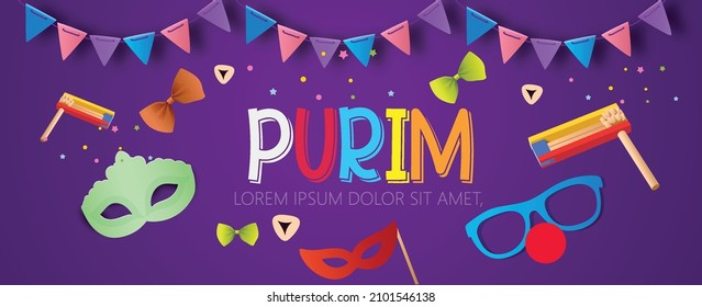 Happy Purim With Carnival Masks and Typography Design
